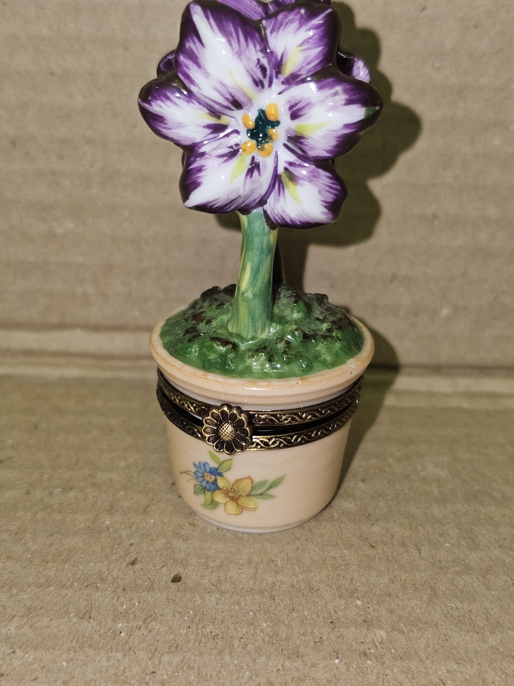 Limoges Purple and White Flower Porcelain Box with Brass Accent
